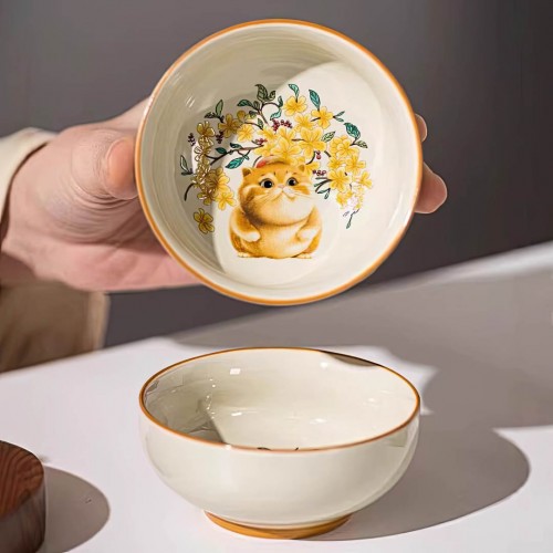 Пиала Жу Яо "Упитанный Кот в Цветах Магнолии №3"